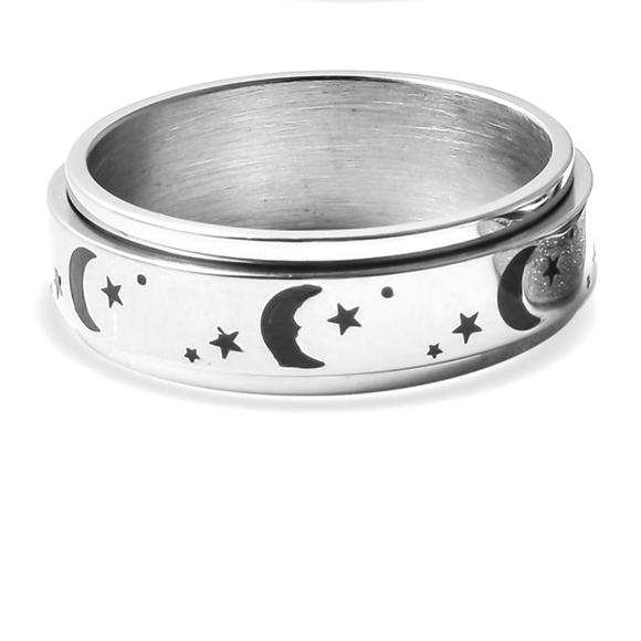 Moon & Stars Ring. Spinner Fidget Stress Buster. Stainless Steel. Sz 14 - Picture 3 of 5